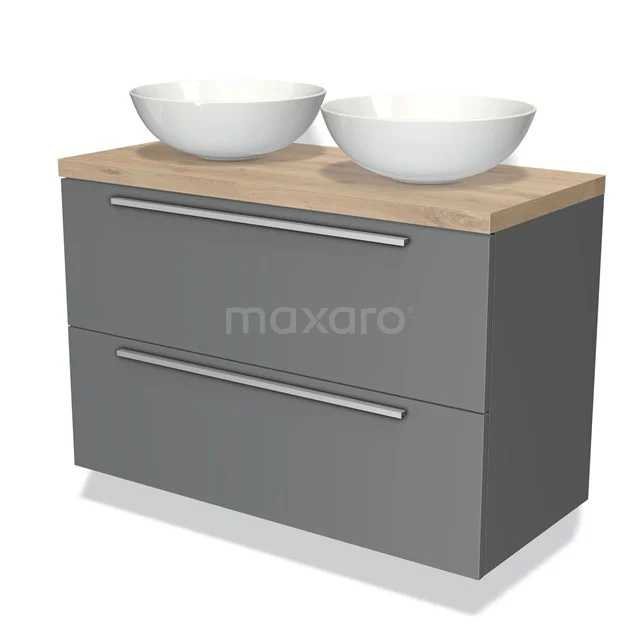 Grey bathroom unit with wooden worktop, double drawers and two drawers; modern design for stylish bathroom design.