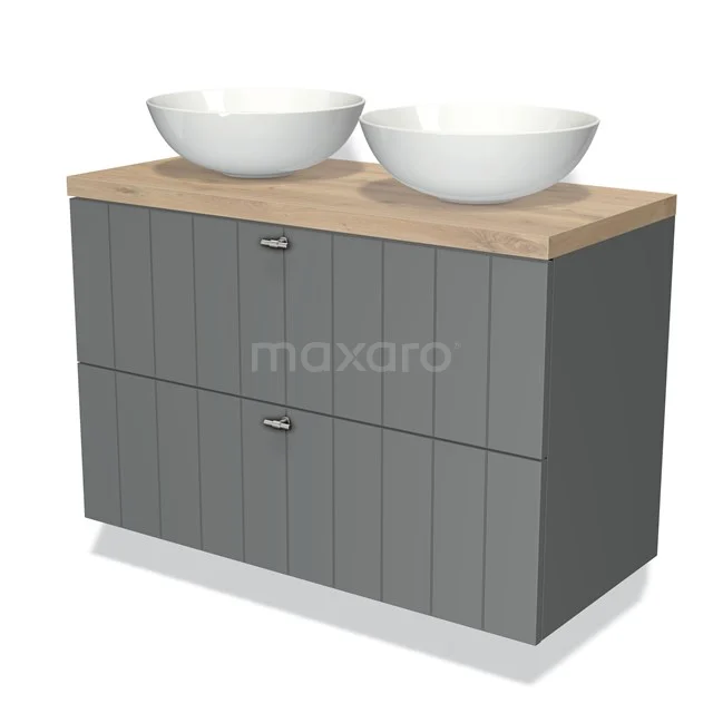 Grey bathroom unit with wood-look worktop and double white countertop wash basins, modern design with panel structure.