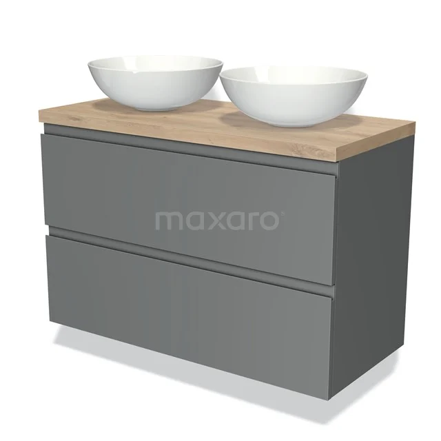 Grey wooden bathroom unit with double white countertop wash basins, sleek design and natural oak worktop.
