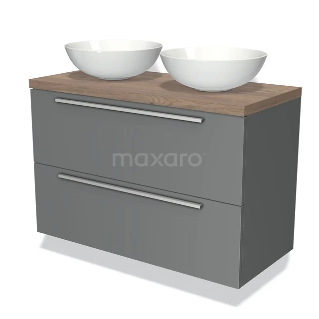 Grey bathroom furniture set with wood-look worktop, two white countertop wash basins and double drawers for modern bathroom storage.