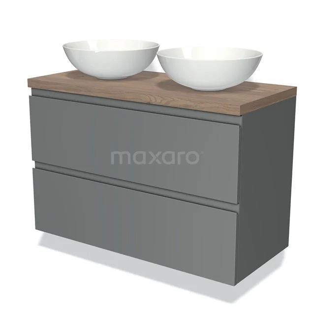 Grey bathroom unit with two white add-on sinks and a wooden worktop, modern design for a stylish bathroom.