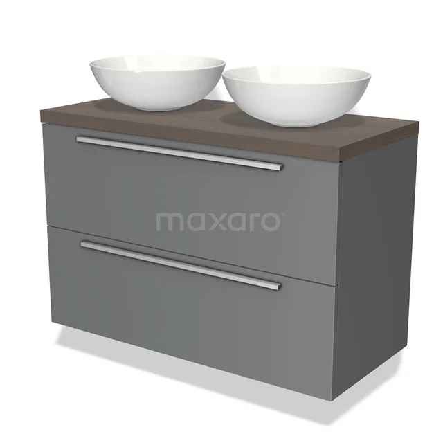 Grey bathroom cabinet with wood-look worktop, double basin and sleek design; ideal for modern bathroom spaces.