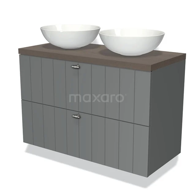 Grey wooden bathroom unit with double white surface-mounted sinks and wood-look worktop, stylish and functional design.