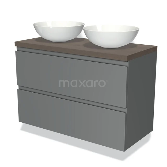 Grey double vanity unit with wood-look worktop and two white countertop wash basins, ideal for modern bathroom design.