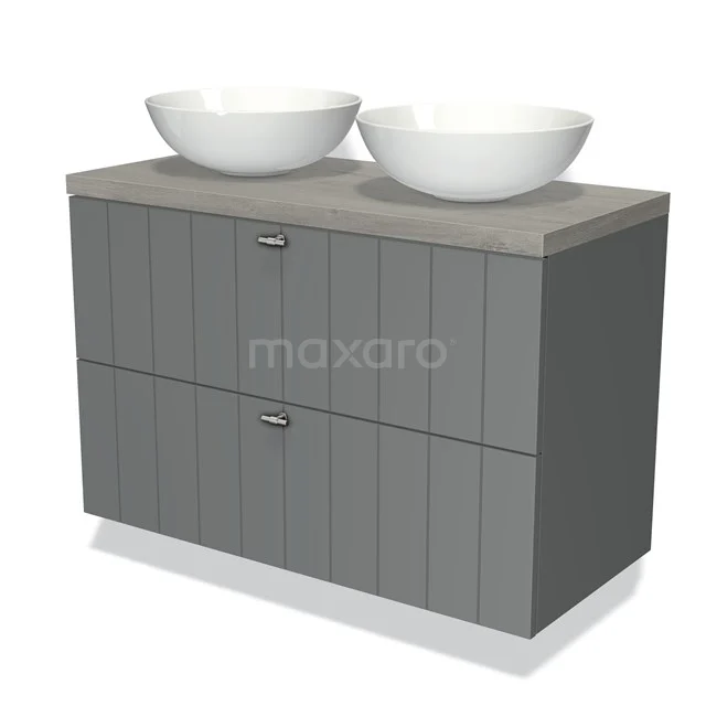 Grey bathroom furniture set with double round basins, wood-look finish and modern style, ideal for a spacious bathroom.