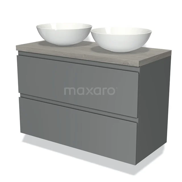 Graue Badmöbelset mit zwei weißen Aufsatzwaschbecken, moderne Optik, Betonlook Platte, ideal für eine stilvolle Badezimmergestaltung.