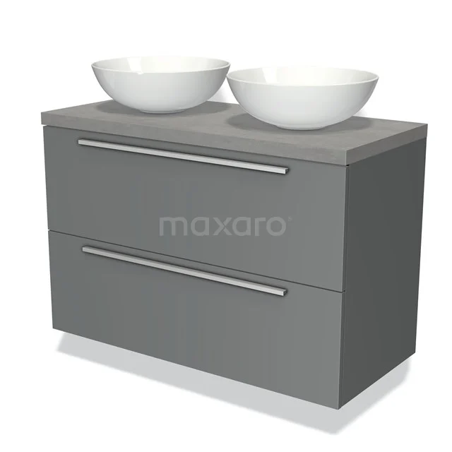 Grey bathroom unit with two white countertop wash basins, modern look, spacious storage compartments, ideal for a stylish bathroom.