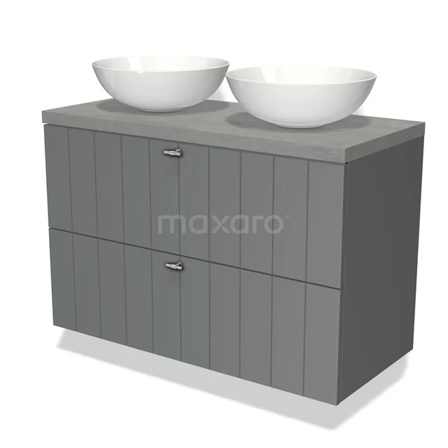 Grey wooden bathroom furniture set with two white countertop wash basins, modern design with horizontal lines and soft-close drawers.