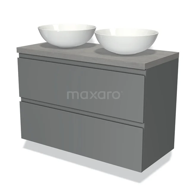 Grey vanity set with matte surface, two drawers and white ceramic countertop wash basins, perfect for a modern bathroom style.