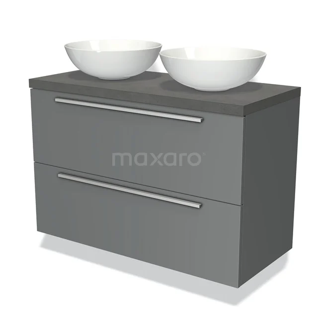 Grey bathroom unit set with two white surface-mounted bowls, sleek drawer design, ideal as a modern bathroom unit solution.
