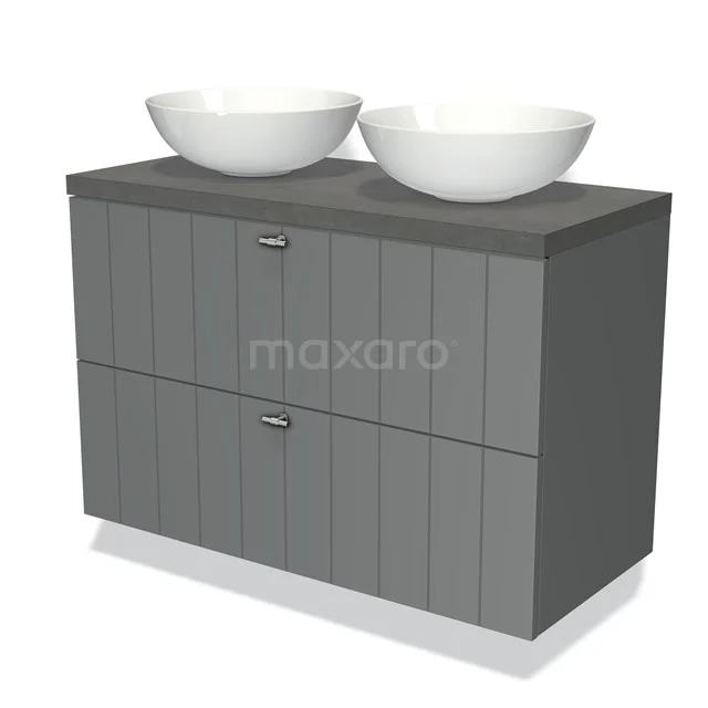 Badmöbel für Waschtischunterschrank mit Konsole 100cm Modulo Plato Mittelgrau 2 Schubladen Lamelle Dunkelgrauer Beton Platte BMK17-00412 Graues Holz-Badmöbel mit Doppelwaschbecken, modernes Design, ideal für eine stilvolle Badezimmergestaltung.
