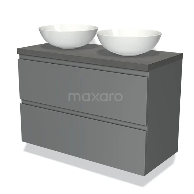 Grey bathroom unit with vanity units with basin, modern rectangular shape, including two white ceramic bowl-shaped sinks.