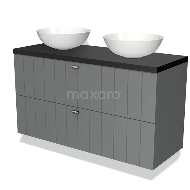 Grijze houten badkamerkast met twee witte waskommen en een zwart composiet blad, geschikt voor modern badkamerdesign.