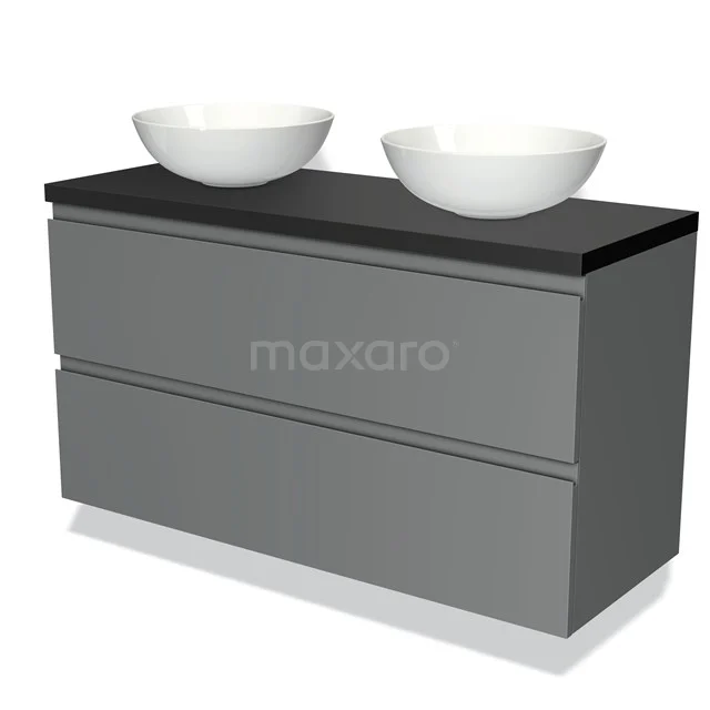 Grijze badkamermeubel met twee witte waskommen, modern design en zwarte bovenblad, ideaal voor stijlvolle badkamers.