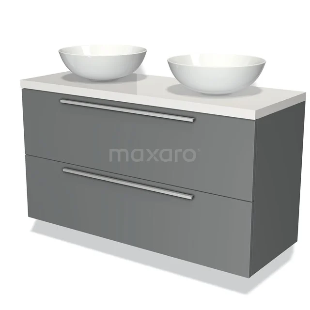 Grijze dubbele wastafelmeubel met keramische opbouwkommen en strakke metalen handgrepen, ideaal voor de moderne badkamer.