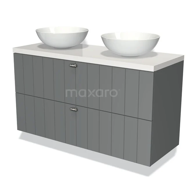 Badmöbel für Waschtischunterschrank mit Konsole 120cm Modulo Plato Mittelgrau 2 Schubladen Latten Hochglanz Weiß Platte BMK17-00418 Graue Badmöbelset mit zwei weißen Aufsatzwaschbecken, modernen Paneelen und einer halbglänzenden Oberfläche für ein stilvolles Badezimmer.