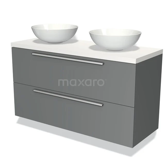 Grijze badkamermeubelset met twee witte ronde waskommen en strakke handgrepen, ideaal voor moderne badkamers.