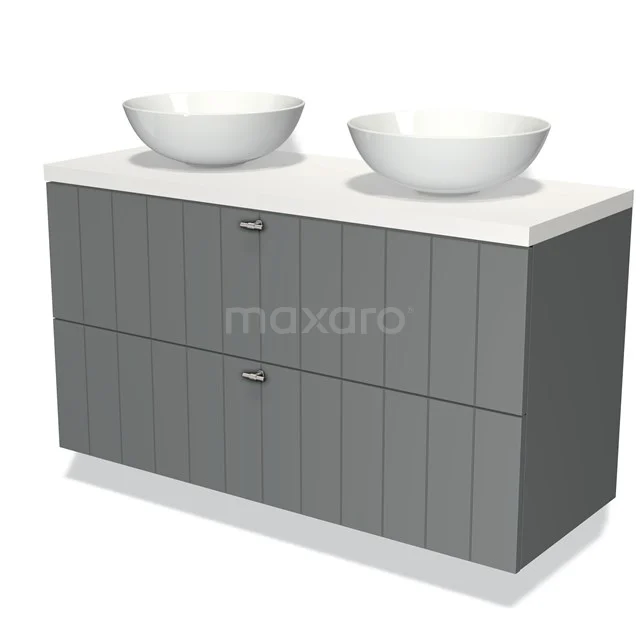 Grijs badkamermeubel met dubbele witte waskommen, moderne houtnerf afwerking en strak design voor een stijlvolle badkamer.