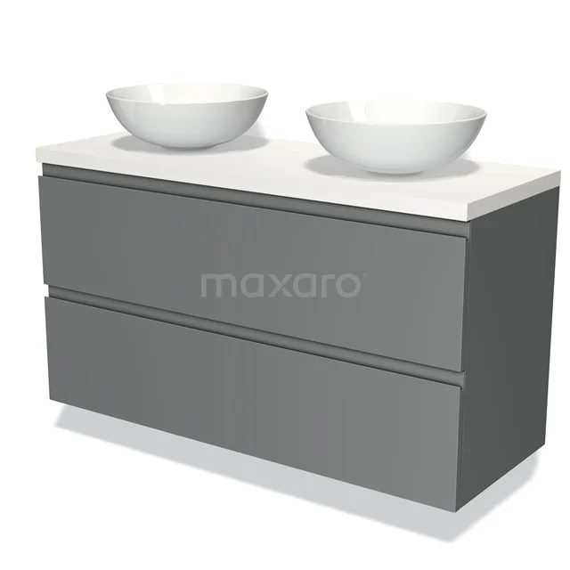 Grijs badkamermeubel met twee witte waskommen, moderne stijl en strakke vormgeving, ideaal voor een stijlvolle badkamer.