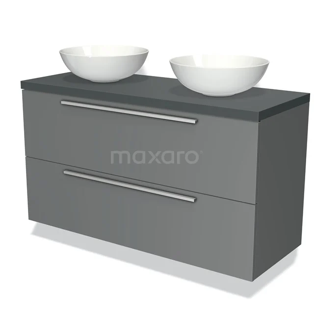 Grijze dubbele wastafelmeubel met keramische waskommen, strak design, ideale aanvulling voor moderne badkamers.