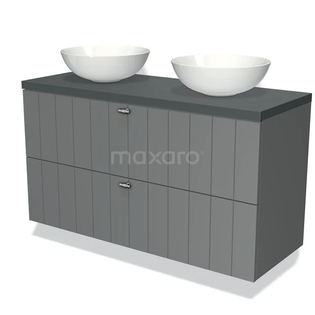 Grijze houten badkamermeubel met dubbele witte waskommen, strak design en ruime opberglades voor een moderne badkamer.