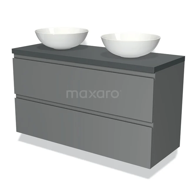 Grijze badkamermeubelset met dubbele witte waskommen, modern design en mat afwerking, ideaal voor een stijlvolle badkamer.