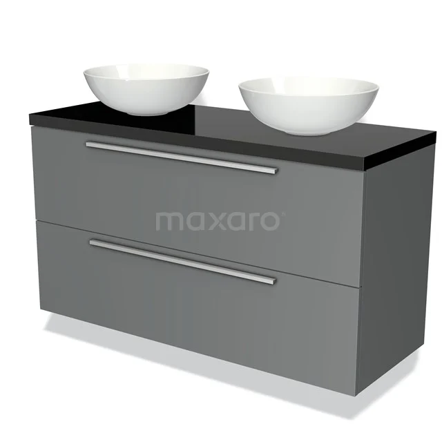 Badmöbel für Waschtischunterschrank mit Konsole 120cm Modulo Plato Mittelgrau 2 Schubladen Flach Hochglanz Schwarz Platte BMK17-00426 Graue Badmöbelset mit schwarzer Glasplatte, doppelten weißen Aufsatzwaschbecken und geräumigen Schubladen für stilvolle Badezimmerlagerung.
