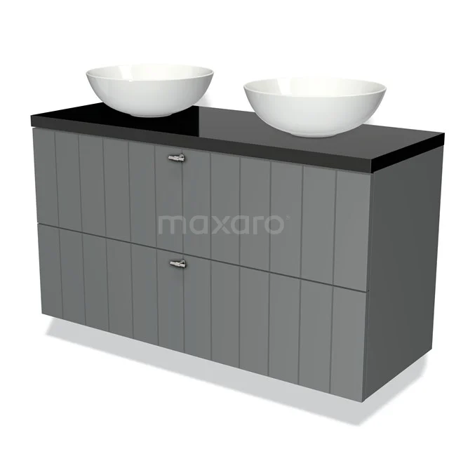 Grijze dubbele wastafelonderkast met zwarte glasplaat en twee witte ronde waskommen, ideaal voor moderne badkamers.