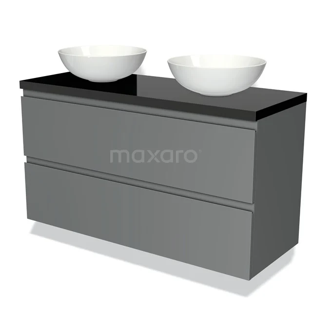 Grijze badkamermeubel met zwarte glazen wastafel en twee witte ronde waskommen, strak design voor moderne badkamers.