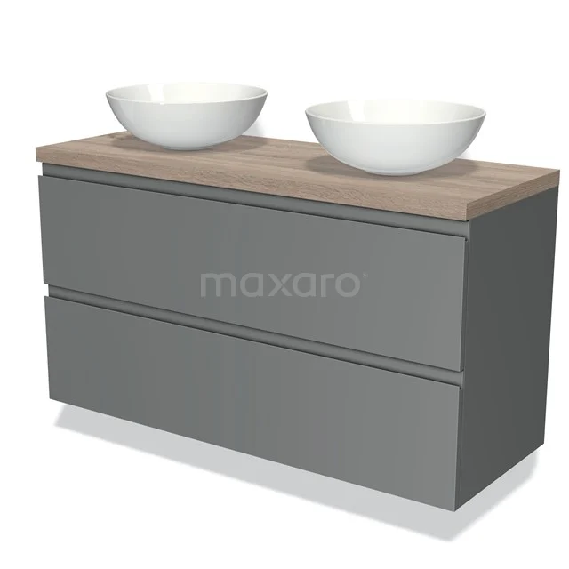 Grijze badkamermeubelset met dubbele wastafel, houtlook blad en moderne afwerking voor een stijlvolle badkamer inrichting.