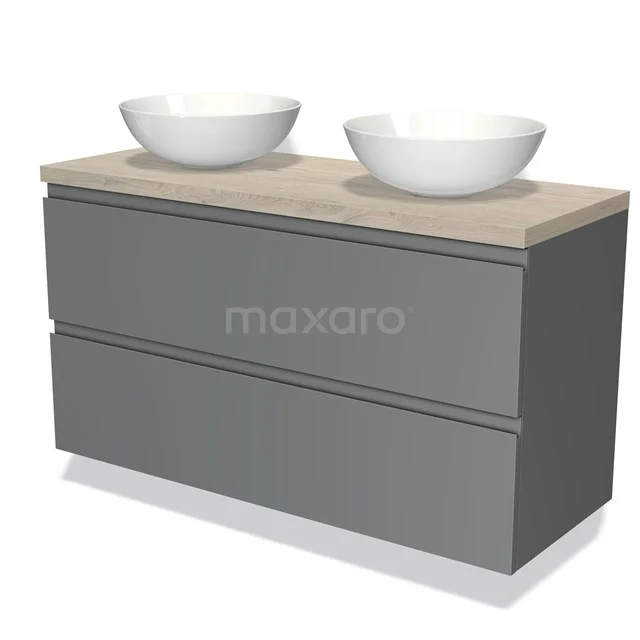 Grijze badkamerkast met dubbele wastafel, houtlook blad en moderne design, ideaal voor stijlvolle badkameropslag.