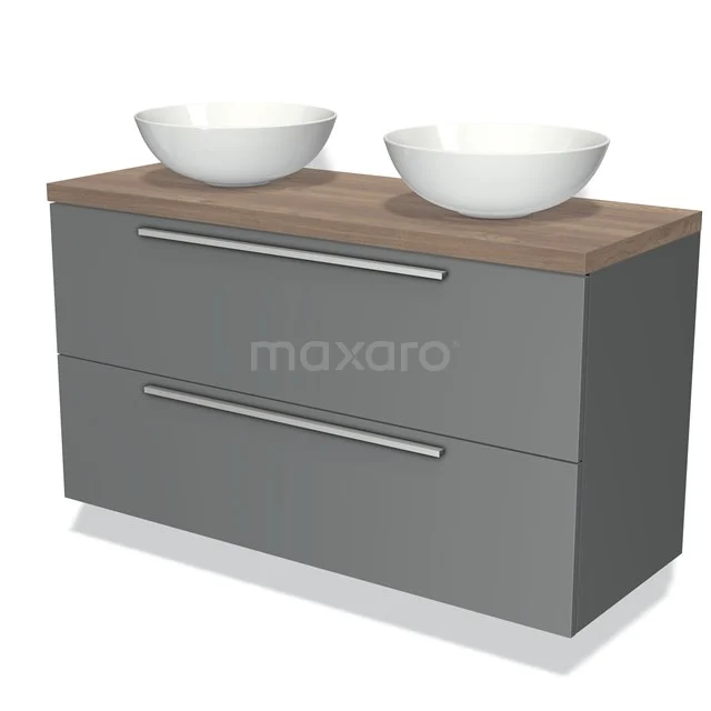Antracietgrijs badkamermeubel met houtlook blad, twee keramische opzetwastafels en dubbele lade, modern design.