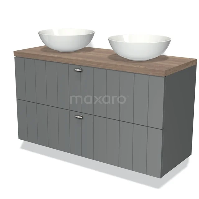 Grijs houten badkamermeubel met twee ronde waskommen, moderne uitstraling, ideaal voor een stijlvolle en praktische badkamer.