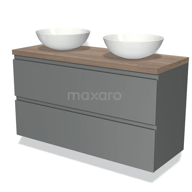 Grijze badkamermeubelset met houten blad en dubbele waskom, modern design, ideaal voor stijlvolle badkamerinrichting.