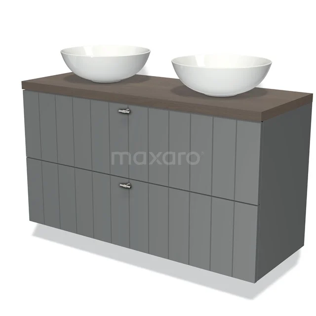 Badmöbel für Aufsatzwaschbecken 120cm Modulo Plato Mittelgrau 2 Schubladen Lamelle dunkelbraune Eiche Platte BMK17-00442 Graue Badmöbelset mit doppelten weißen Aufsatzwaschbecken, Holzlook Platte und vertikaler Paneelstruktur; ideal für moderne Bäder.