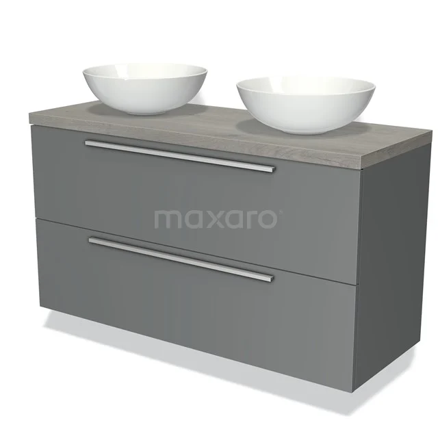 Grijze badkamermeubel met dubbele ronde waskommen, strak ontwerp en metalen handgrepen, ideaal voor moderne badkamers.