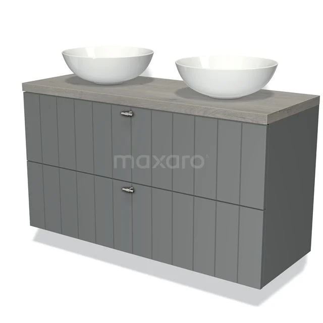 Grijze houten badkamermeubel met twee ronde keramische wastafels, modern design en verticale panelen.