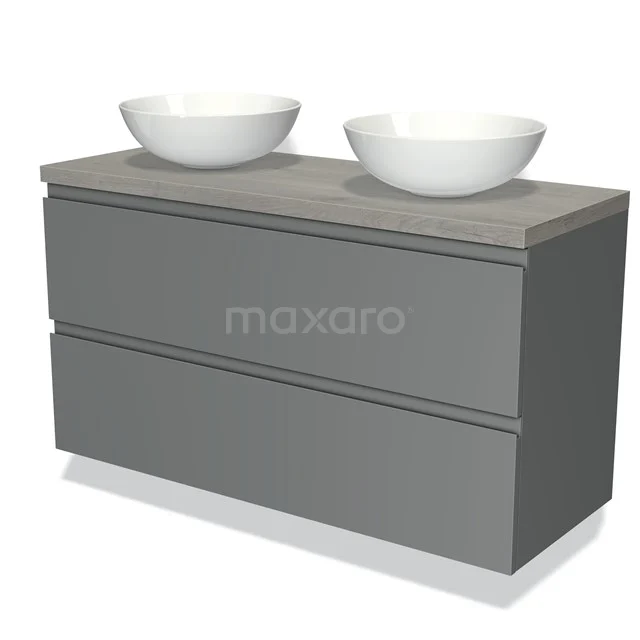 Grijze houten badkamermeubelset met twee witte waskommen, modern design met strakke lijnen.