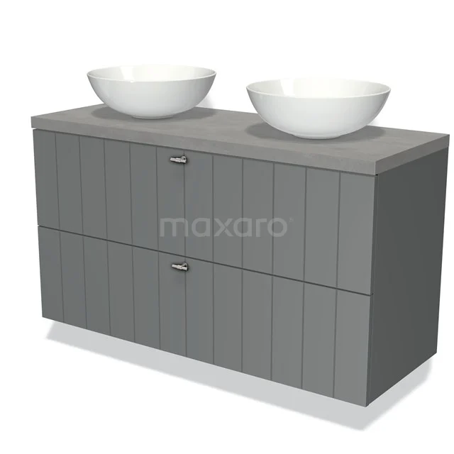 Grijze houten badkamermeubel met verticale lijnen en twee witte waskommen, ideaal voor een moderne badkamerset.