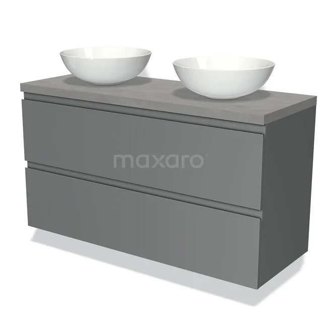 Grijze badkamermeubelset met twee witte waskommen, minimalistisch design en ruime lades voor stijlvolle badkameropslag.