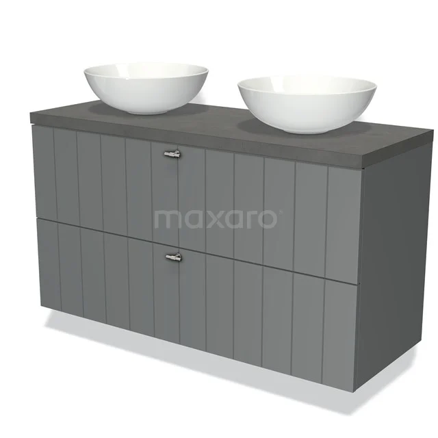 Grijze badkamerkast met houtstructuur, dubbele wastafel van keramiek, modern ontwerp voor stijlvolle badkamerinrichting.