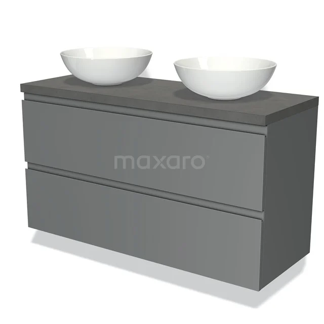 Grijze badkamermeubelset met twee witte wastafels, strak design, ideaal voor moderne badkamers.