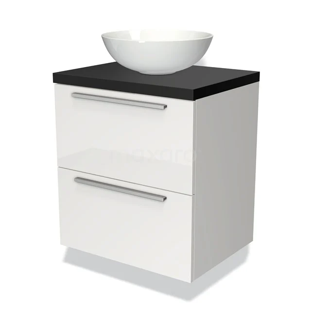 Badmöbel für Aufsatzwaschbecken 60cm Modulo Plato Hochglanz Weiß 2 Schubladen Flach Matt Schwarz Platte BMK17-00453 Weißes Badezimmermöbel mit schwarzer Oberseite, keramischem Waschbecken und 2 Schubladen; modernes Design für stilvolle Badezimmerlagerung.