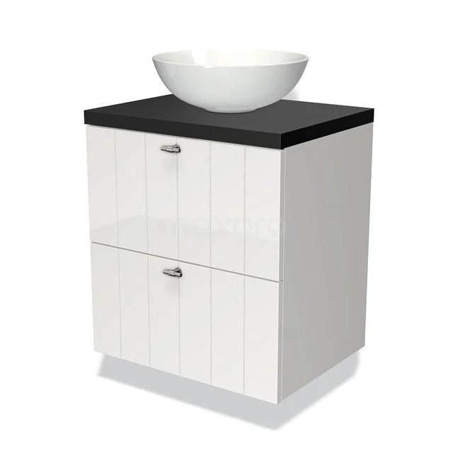 Badmöbel für Waschtischunterschrank mit Konsole 60cm Modulo Plato Hochglanz Weiß 2 Schubladen Lamelle Matt Schwarz Platte BMK17-00454 Weißes Badmöbel mit Waschbecken, schwarzer Platte, zwei Schubladen und Holzoptik; stilvoll und kompakt für moderne Bäder.