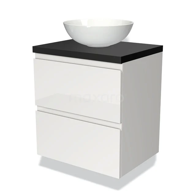 White bathroom unit with black stone worktop and round white drawers for countertop wash basin, modern design with two drawers for storage space.