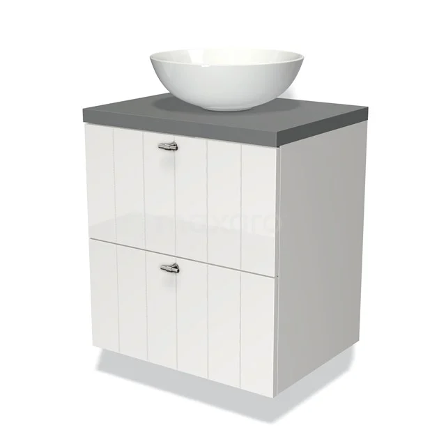 White bathroom unit with grey worktop and round countertop wash basin, made of wood, with two storage drawers and modern chrome handles.