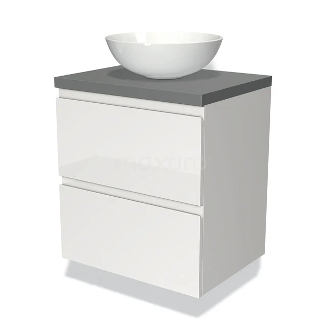 Weißes Badmöbel mit grauer Waschtischplatte und Aufsatzwaschbecken, modernes Design, perfekt für eine stilvolle Badezimmer Einrichtung.