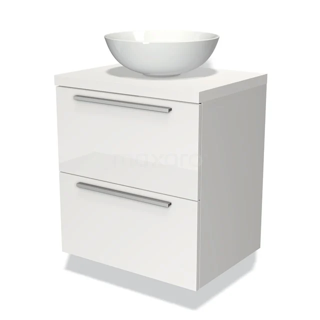 Weißes Badezimmermöbel mit modernem Design, zwei Schubladen und einem runden keramischen Waschbecken, ideal für ein stilvolles Badezimmer.