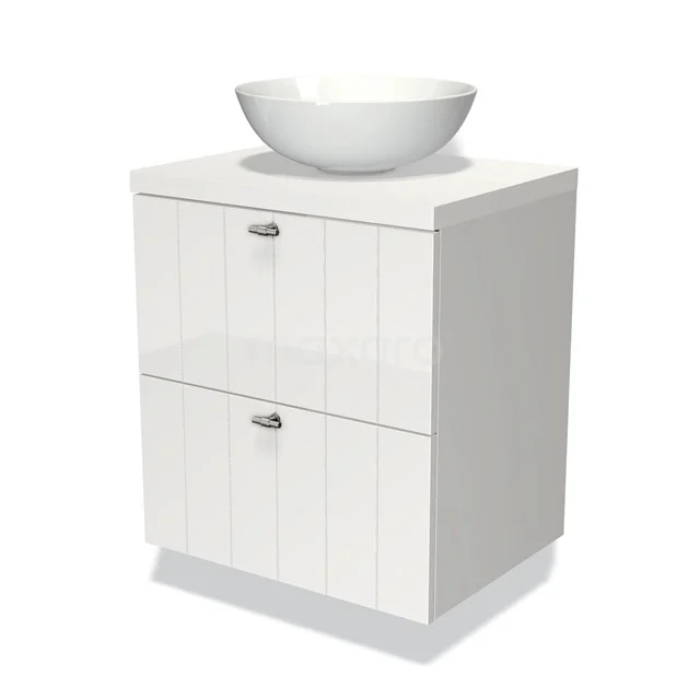 Weißes Holz-Badmöbel mit Waschbecken, modernes Design mit zwei Schubladen und silberfarbenen Haltegriffen.