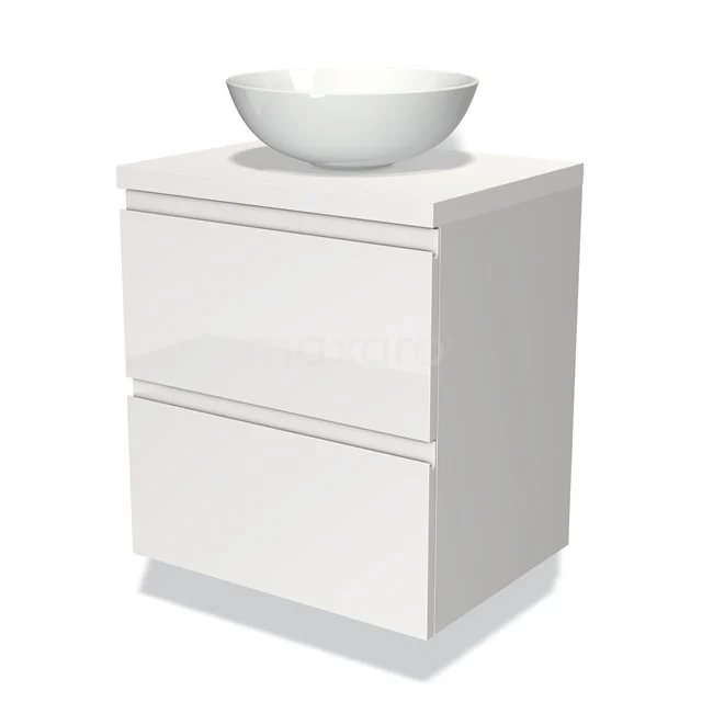 Badmöbel für Waschtischunterschrank mit Konsole 60cm Modulo Plato Hochglanz Weiß 2 Schubladen Grifflos Matt Weiß Platte BMK17-00461 Weißes Badezimmermöbel mit zwei Schubladen und runder Aufsatzwaschbecken, Hochglanzoberfläche, ideal für ein modernes Badezimmer.